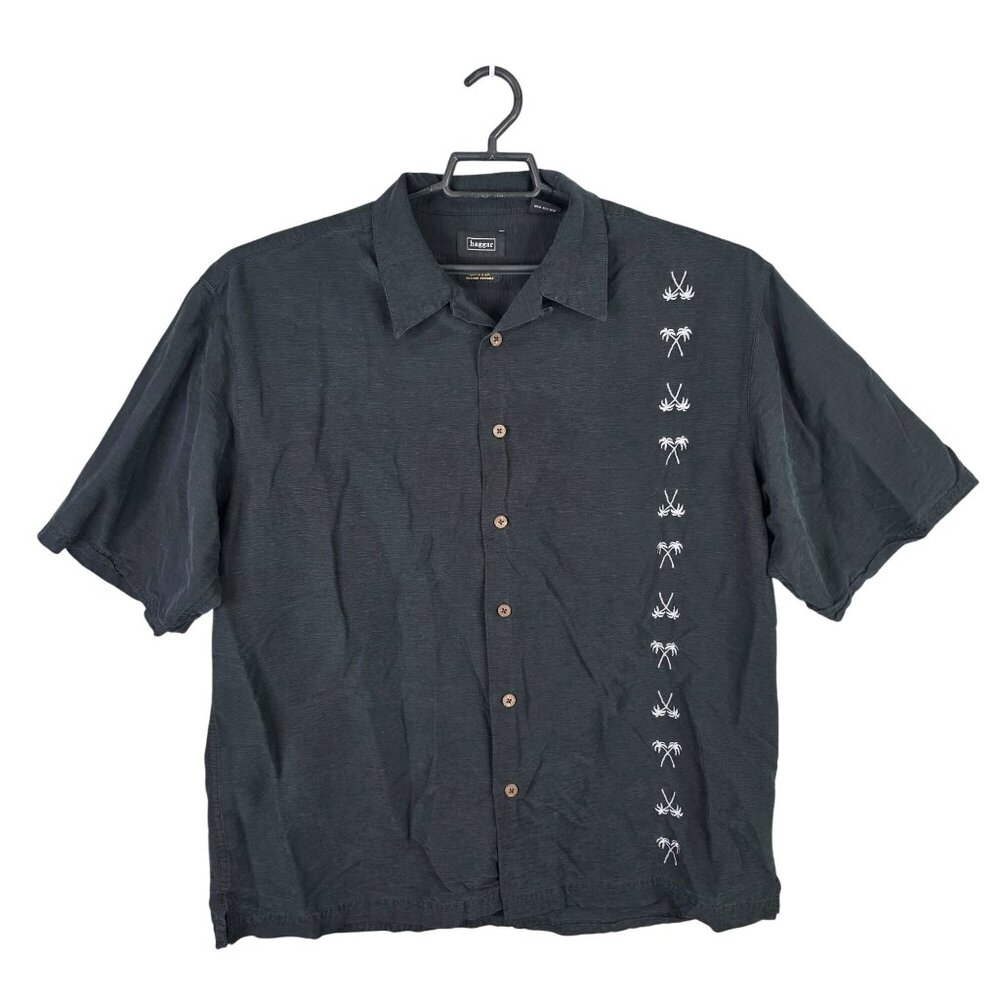 Mens Haggar Black 100% Silk Shirt Palm Tree Embroidery Short Sleeve Button Up XL